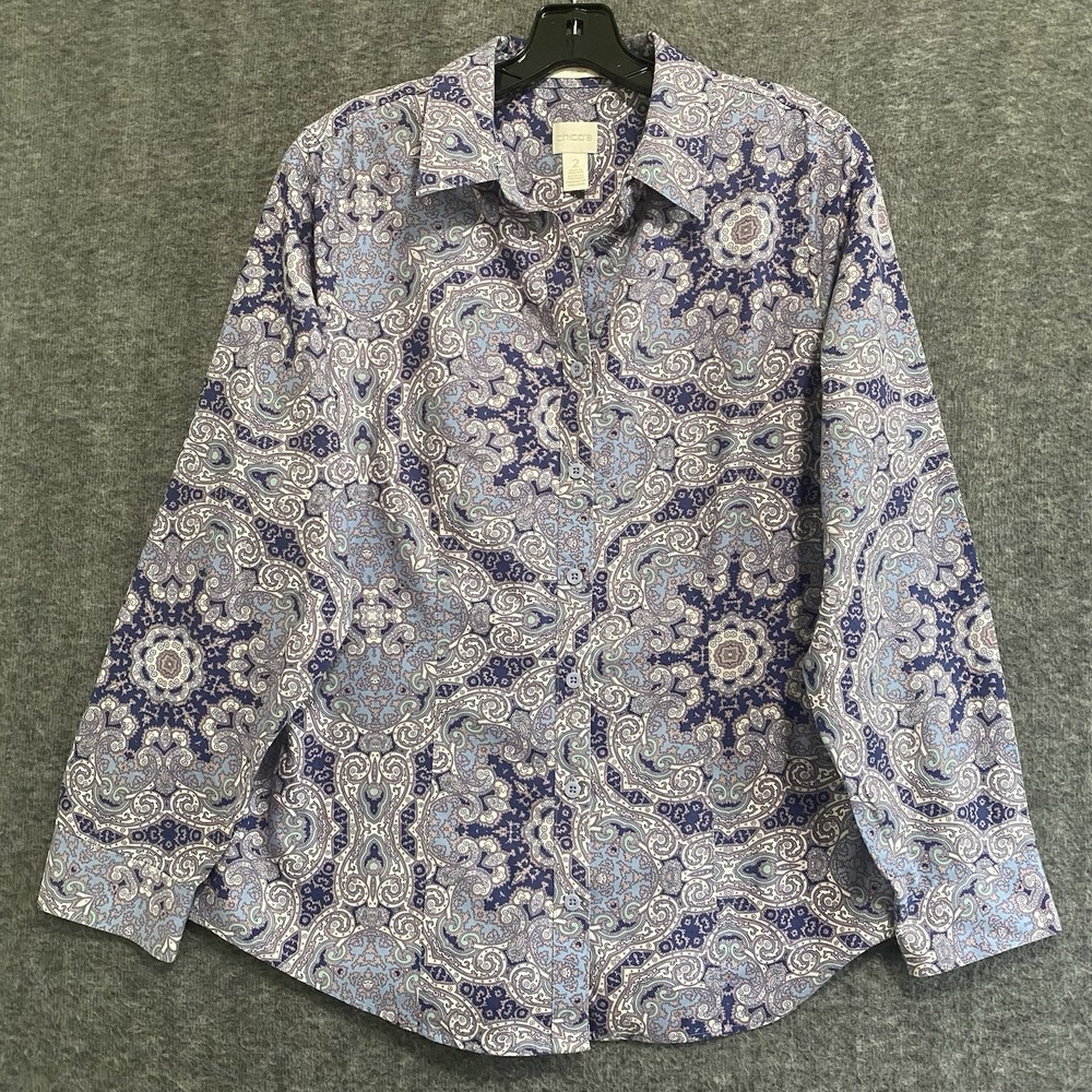 Chicos No Iron Caroline Shirt Womens 2 Large Purple Paisley Artsy Button‎ Up Top